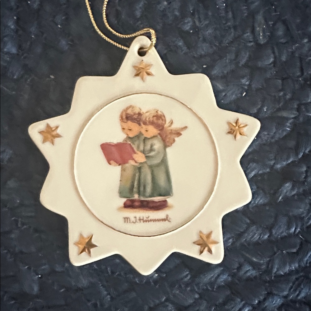 M.J. Hummel Porcelain Star Ornament With Angel Singing & Gold Stars